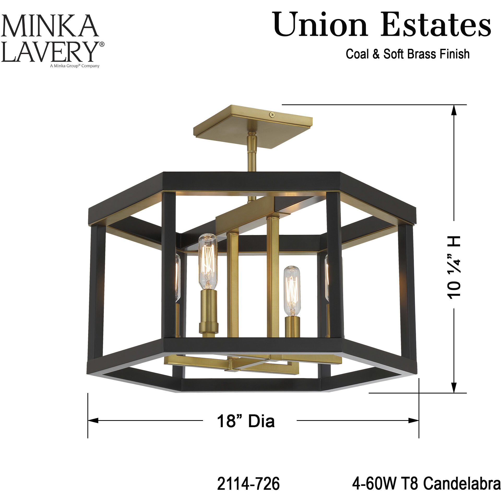 Union Estates 4 Light 18 inch Coal And Soft Brass Semi Flush Ceiling Light